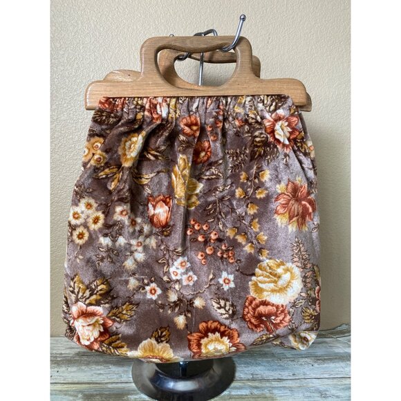 Vintage 70s Boho Floral Carpet Bag Retro Velour Purse 17" w/Wood Handles - Picture 1 of 14